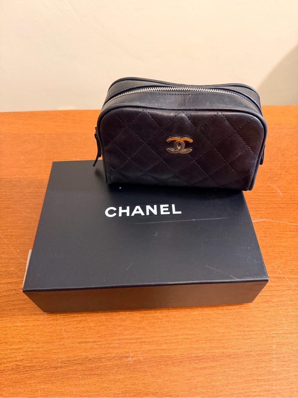 Chanel Black Quilted Lambskin Cosmetic Case Pouch CC Card Box Vintage